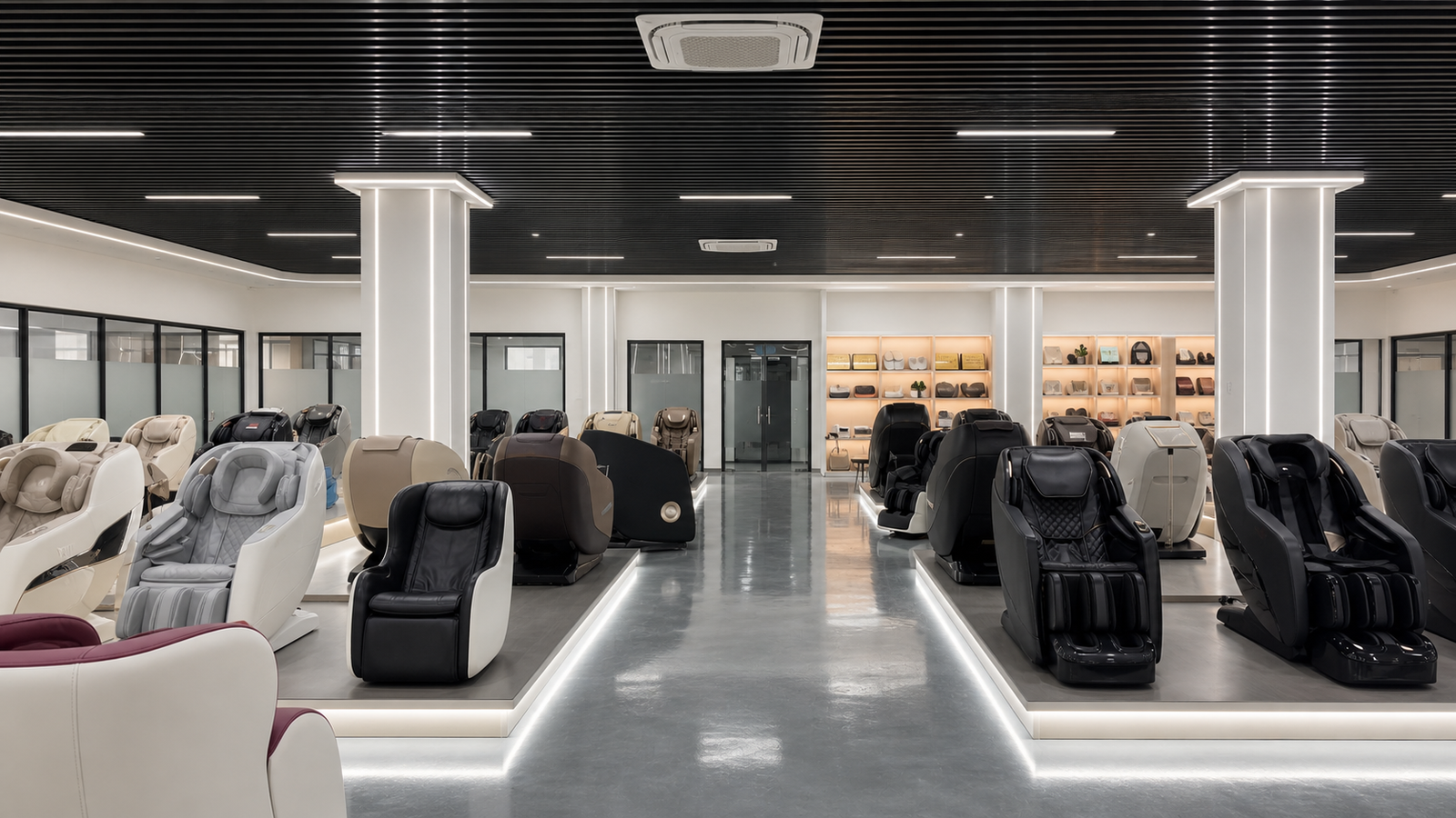 Rongqin massage chair showroom central aisle