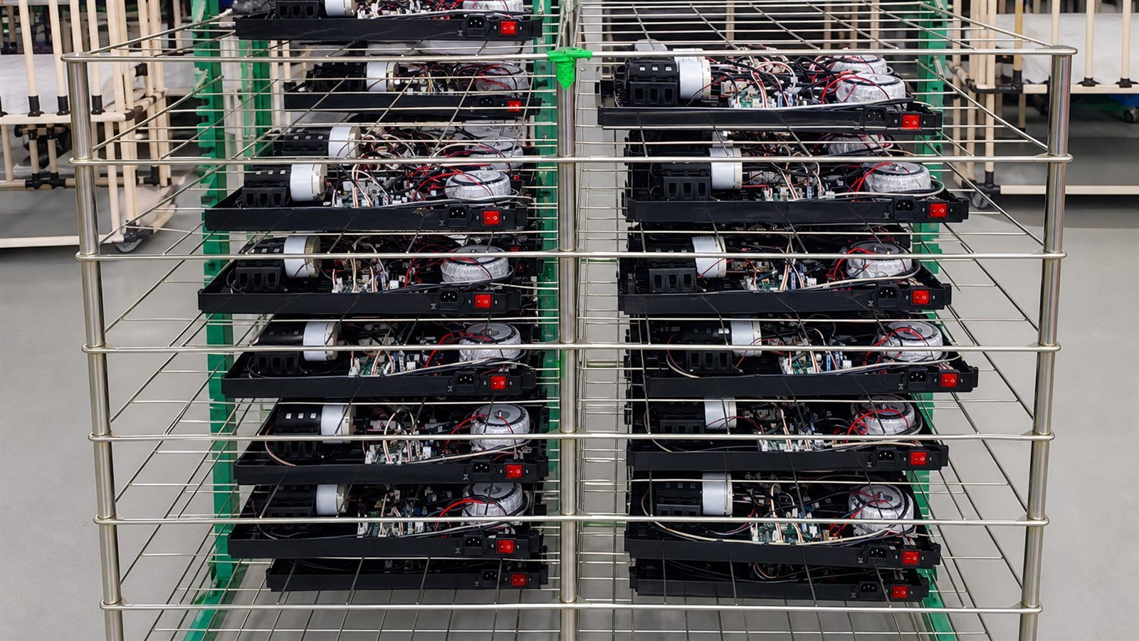 Massage chair electrical control modules organized on factory racks