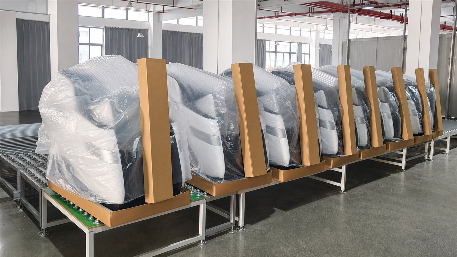 Protective corner posts fitted around massage chairs before carton packing