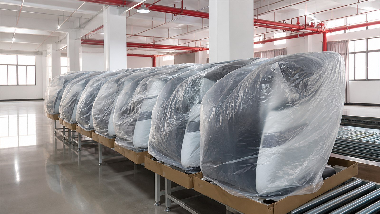 Massage chairs covered with protective bags before packing